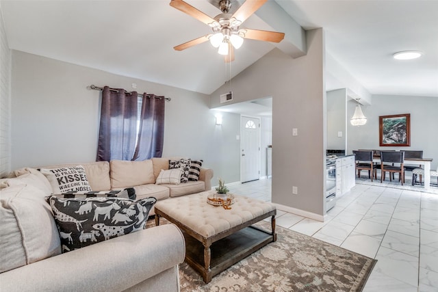 living area with vaulted ceiling, marble finish floor, visible vents, and baseboards