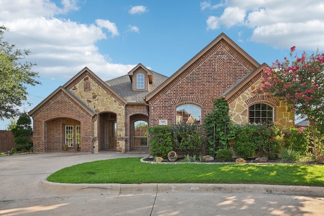 view of front of home with brick siding, a shingled roof, stone siding, driveway, and a front lawn