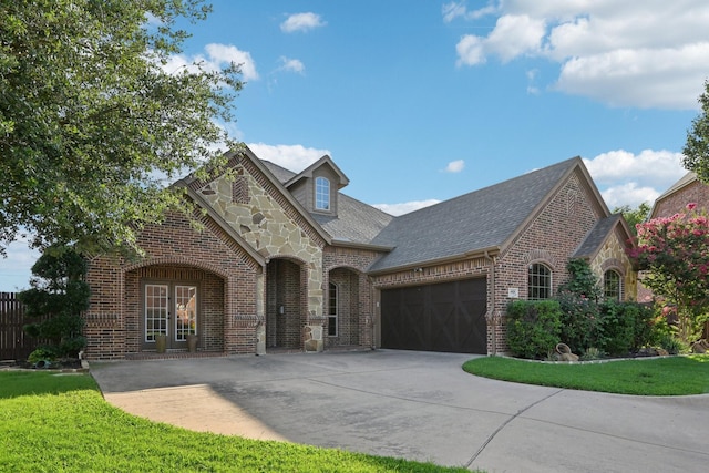 french provincial home with a garage, brick siding, concrete driveway, stone siding, and a front yard