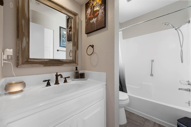 full bathroom with tile patterned flooring, shower / bathing tub combination, vanity, and toilet