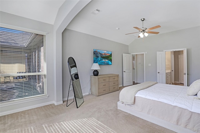 bedroom with carpet, lofted ceiling, visible vents, ceiling fan, and baseboards