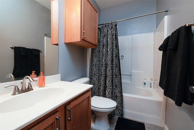 full bath with toilet, shower / tub combo with curtain, and vanity