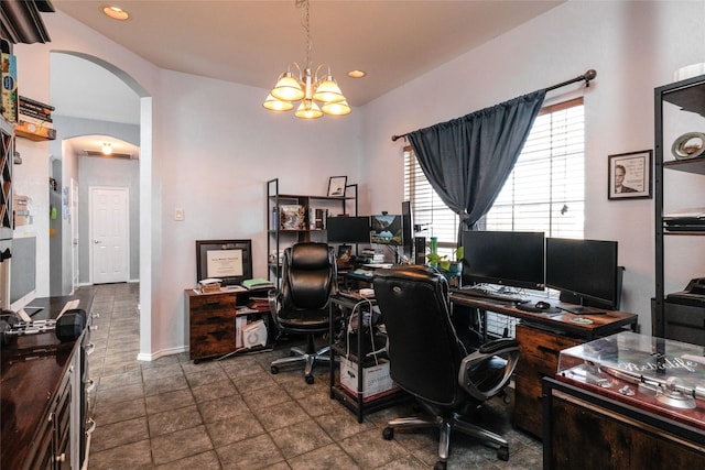 home office featuring arched walkways, baseboards, an inviting chandelier, and recessed lighting