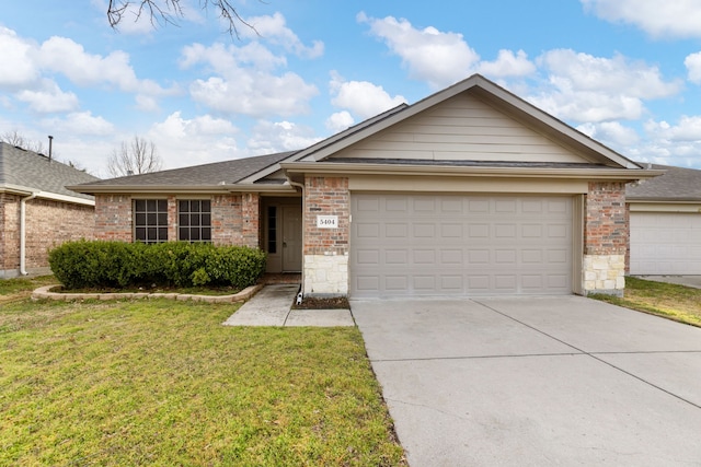 single story home featuring a garage, brick siding, driveway, and a front lawn