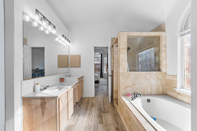 ensuite bathroom with a sink, plenty of natural light, ensuite bath, and a garden tub