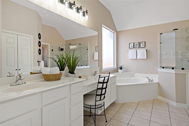 full bath with a bath, a shower stall, vaulted ceiling, and tile patterned flooring