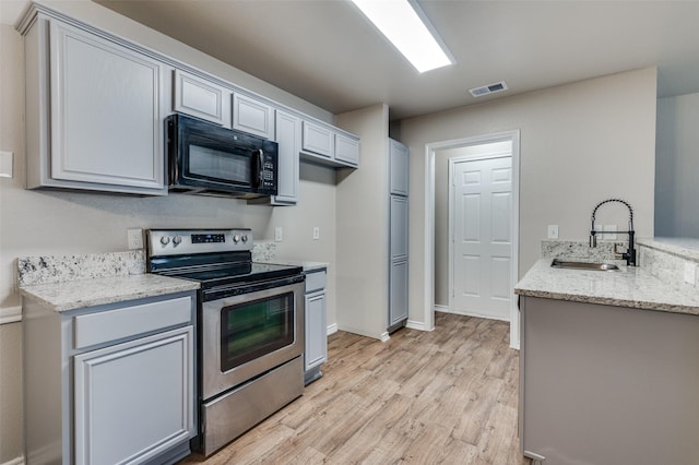 kitchen featuring light wood finished floors, visible vents, stainless steel electric stove, black microwave, and a sink