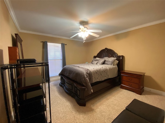 bedroom with crown molding, light colored carpet, baseboards, and ceiling fan