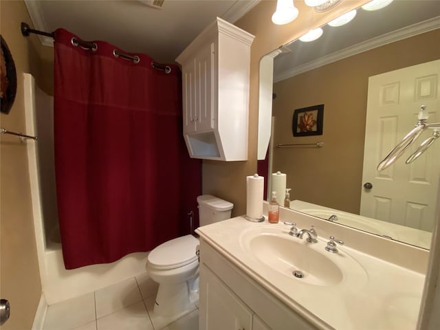 bathroom with shower / bath combo with shower curtain, toilet, crown molding, tile patterned flooring, and vanity