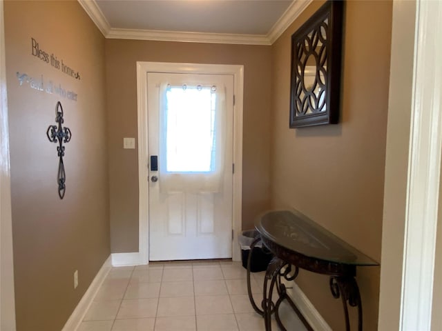 doorway with crown molding, light tile patterned flooring, and baseboards