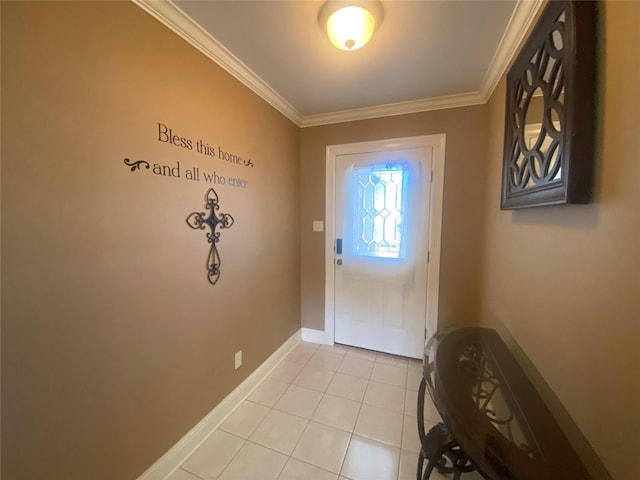 foyer with crown molding, light tile patterned floors, and baseboards