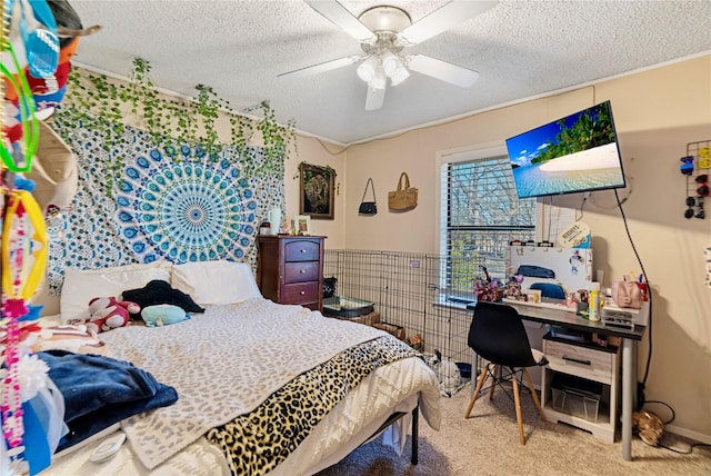 bedroom with a textured ceiling, ceiling fan, a wainscoted wall, and carpet