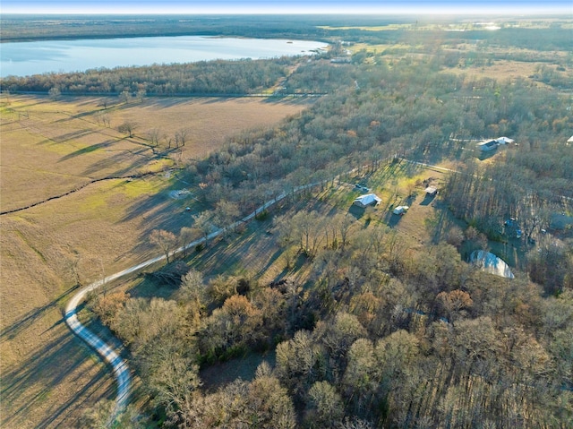 drone / aerial view featuring a water view and a wooded view