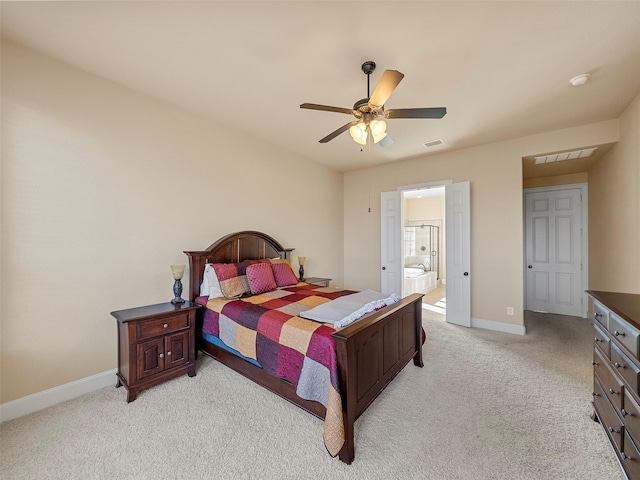 bedroom featuring light carpet, ceiling fan, visible vents, and baseboards