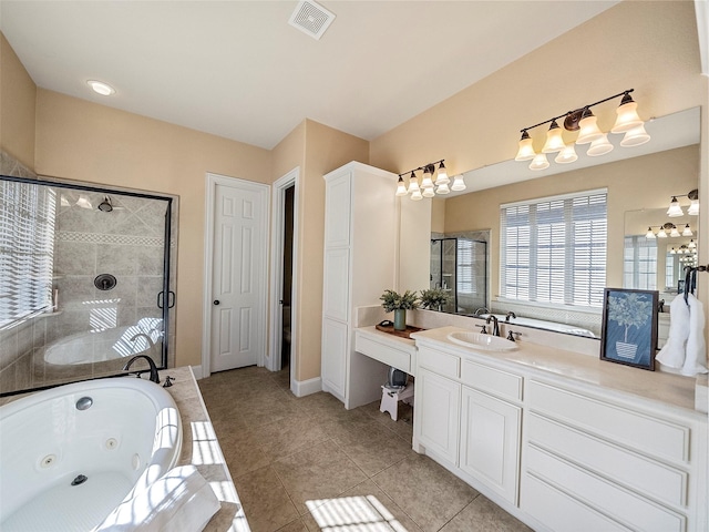 full bathroom featuring visible vents, a shower stall, a whirlpool tub, and vanity