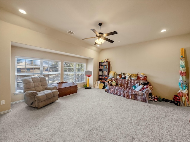 playroom with carpet floors, recessed lighting, visible vents, and ceiling fan