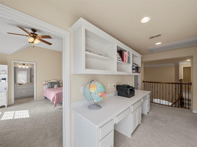 office area with light carpet, recessed lighting, visible vents, and built in study area