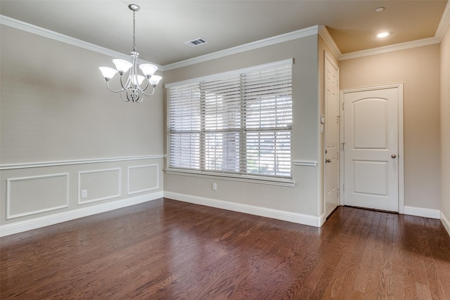 unfurnished dining area featuring an inviting chandelier, dark wood finished floors, baseboards, ornamental molding, and visible vents