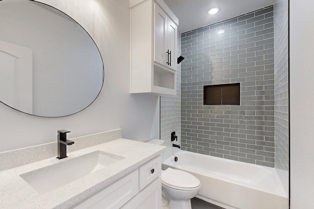 full bath featuring recessed lighting, vanity, toilet, and shower / bathtub combination