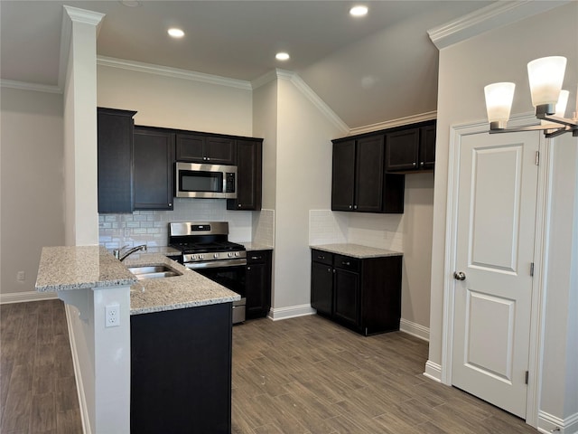 kitchen with stainless steel appliances, light stone countertops, a sink, wood finished floors, and a peninsula