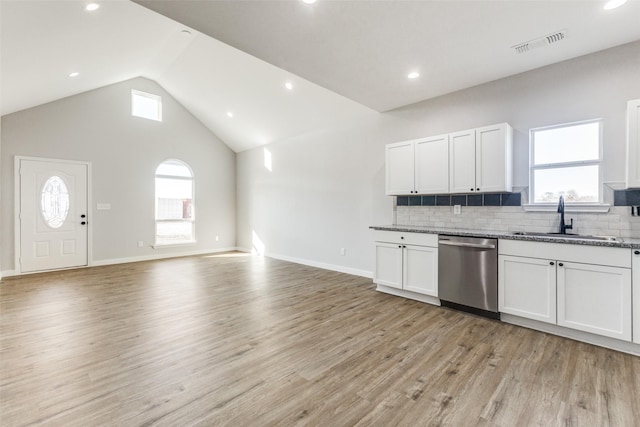 kitchen with plenty of natural light, visible vents, dishwasher, and a sink