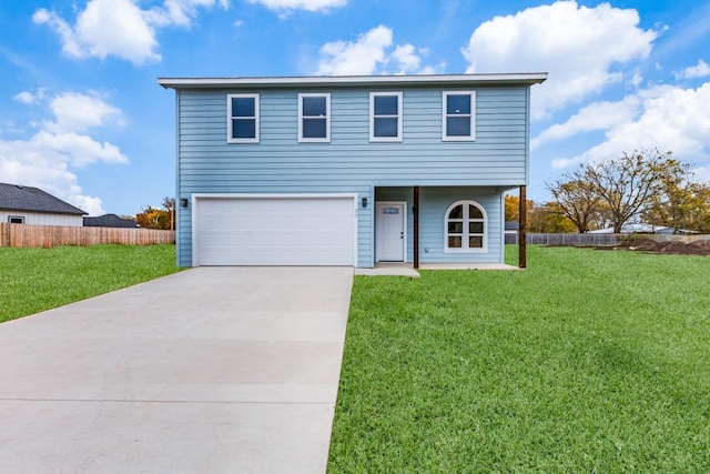 view of front of property with driveway, a front lawn, an attached garage, and fence