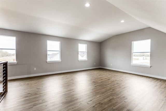 interior space featuring dark wood-type flooring, lofted ceiling, plenty of natural light, and baseboards