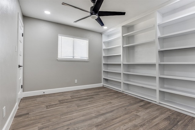 unfurnished room with recessed lighting, ceiling fan, baseboards, and wood finished floors