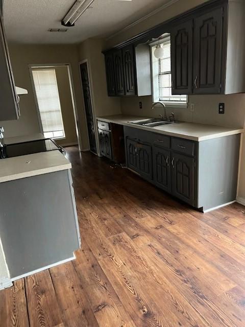 kitchen featuring light countertops, a sink, a textured ceiling, and wood finished floors