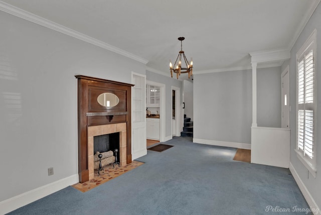 living area with carpet, plenty of natural light, a tile fireplace, and stairs