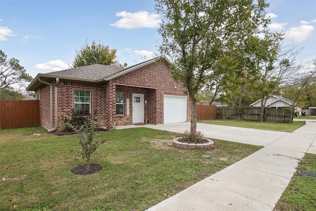 ranch-style home with driveway, brick siding, an attached garage, and fence