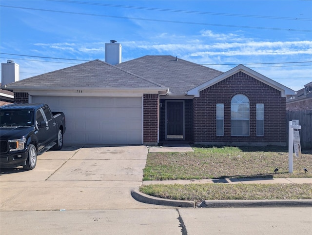 single story home with a garage, brick siding, a shingled roof, concrete driveway, and a chimney