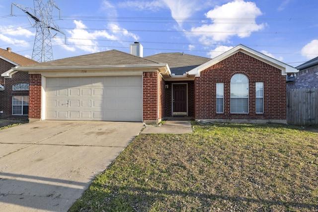 single story home with a garage, brick siding, concrete driveway, a chimney, and a front yard