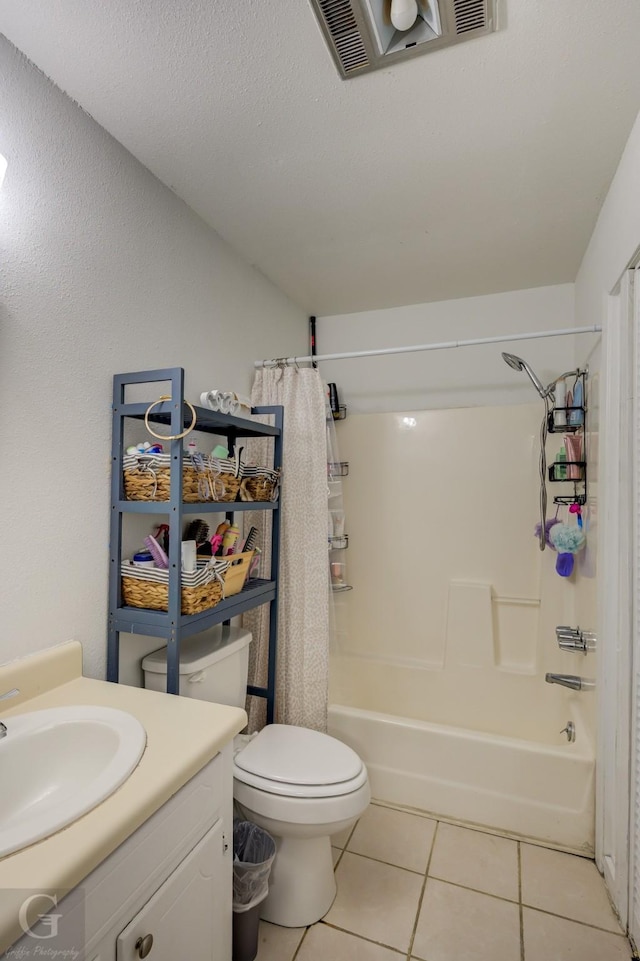 full bathroom with toilet, tile patterned flooring, shower / bath combination with curtain, and vanity