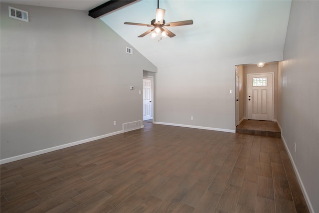 unfurnished living room with dark wood-style floors, ceiling fan, visible vents, and beamed ceiling