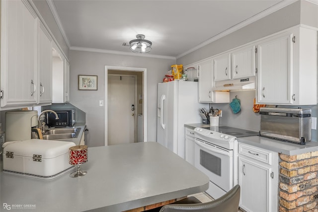 kitchen featuring crown molding, white appliances, a sink, and under cabinet range hood