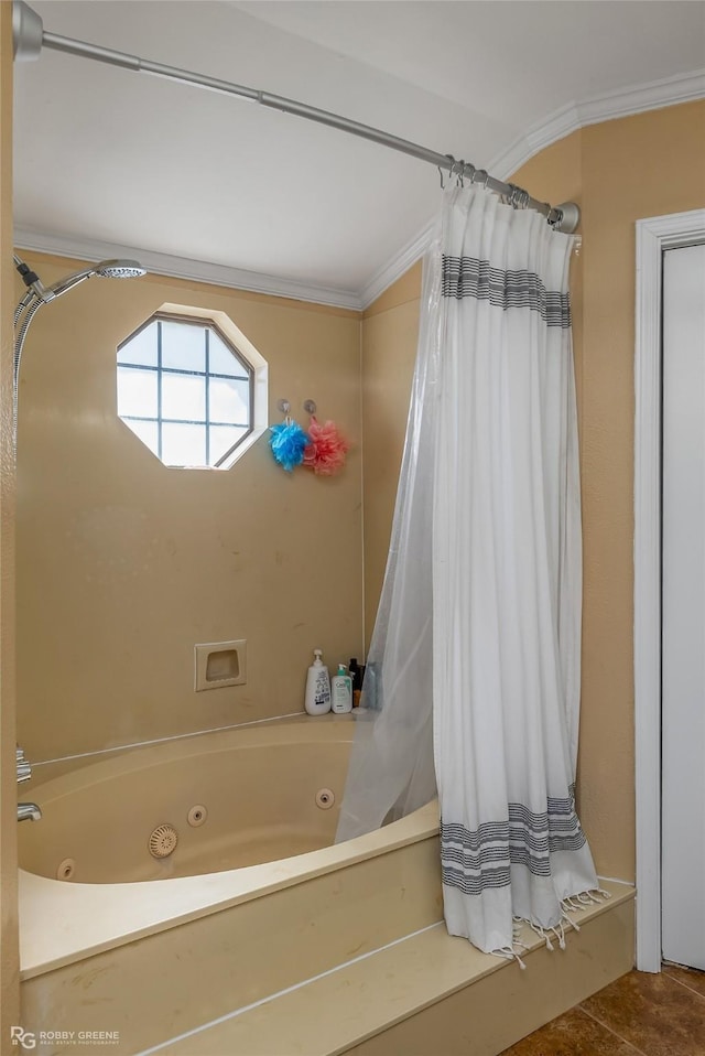 bathroom with a combined bath / shower with jetted tub and ornamental molding