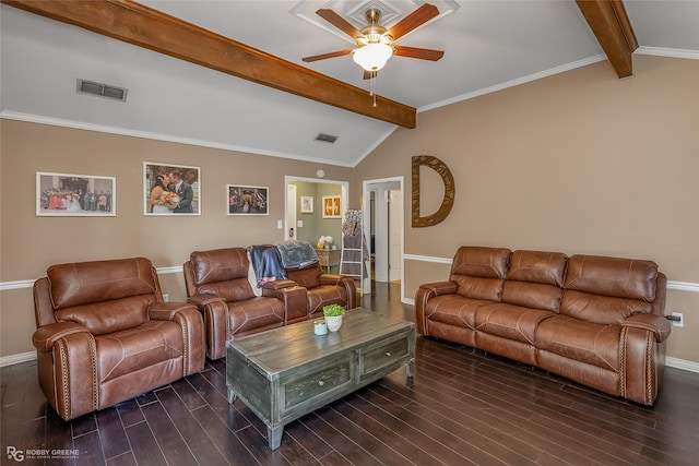 living room with dark wood finished floors, visible vents, vaulted ceiling with beams, and baseboards