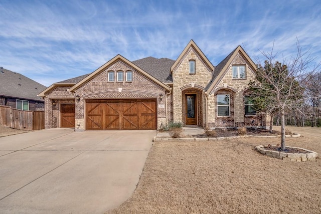 view of front facade featuring an attached garage, brick siding, fence, driveway, and stone siding