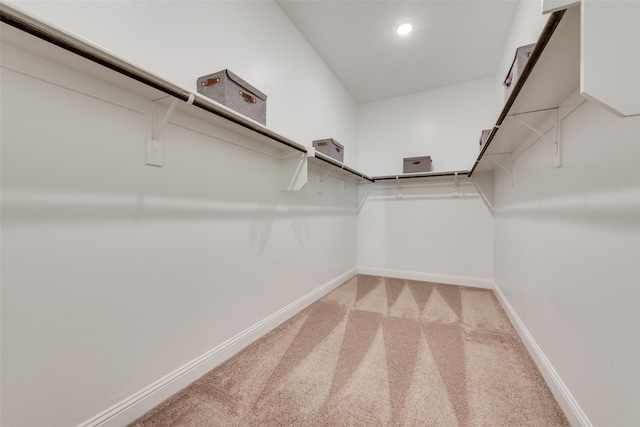 walk in closet with light colored carpet