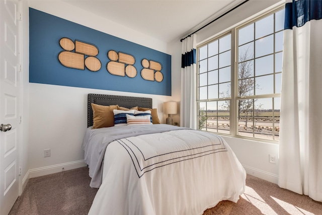 bedroom featuring multiple windows, baseboards, and carpet flooring