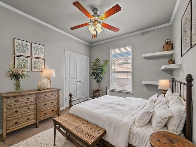 bedroom featuring ceiling fan, carpet floors, ornamental molding, and a closet