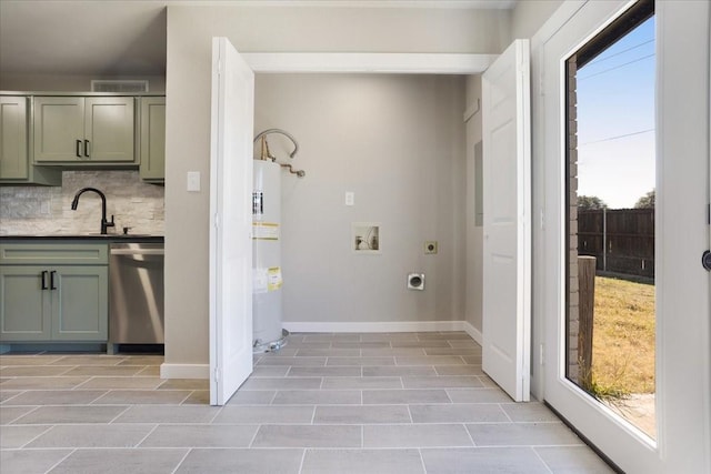 washroom featuring laundry area, visible vents, hookup for an electric dryer, water heater, and a sink