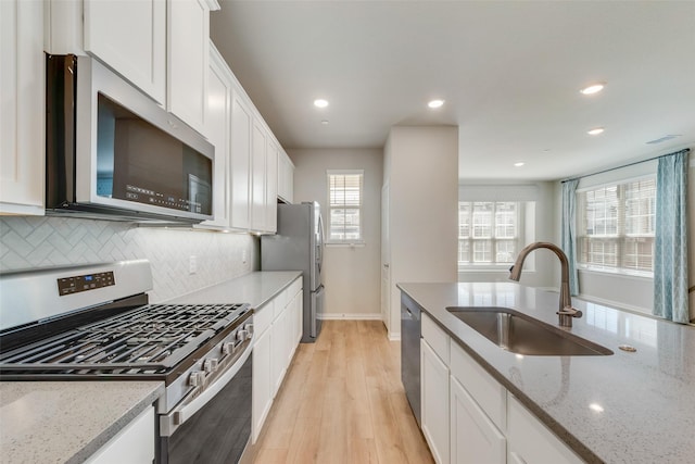 kitchen with a sink, white cabinetry, appliances with stainless steel finishes, decorative backsplash, and light wood finished floors