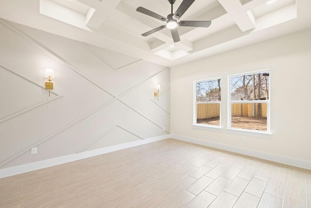 unfurnished room featuring beam ceiling, baseboards, coffered ceiling, and a ceiling fan