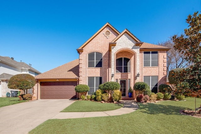 view of front of house featuring a garage, brick siding, a shingled roof, driveway, and a front yard