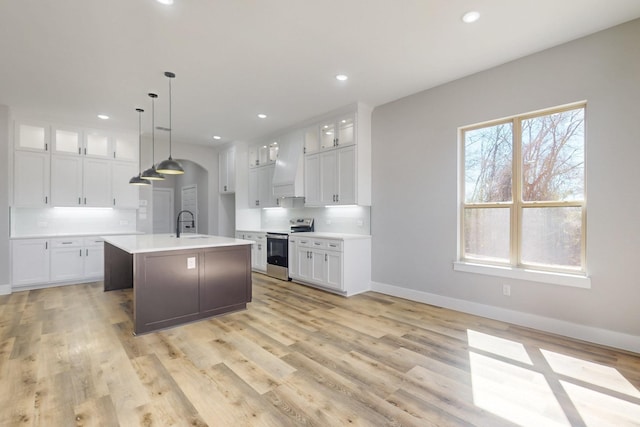 kitchen featuring glass insert cabinets, light countertops, stainless steel range with electric stovetop, premium range hood, and a sink