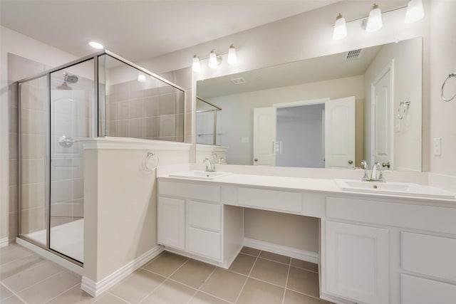 bathroom featuring double vanity, visible vents, a sink, a shower stall, and tile patterned flooring