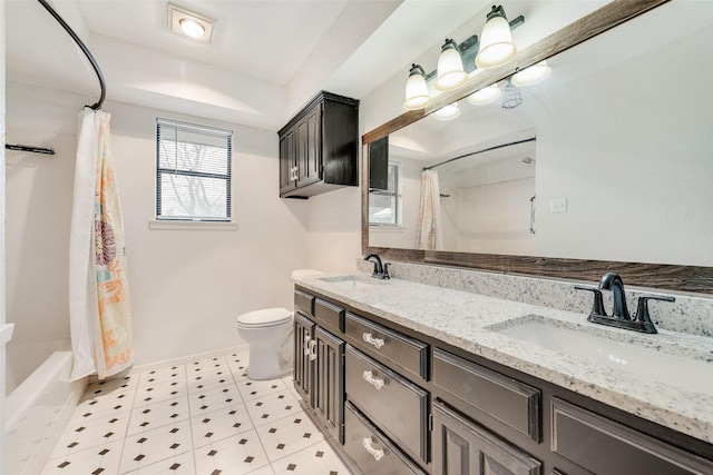 full bathroom featuring a raised ceiling, toilet, double vanity, and a sink