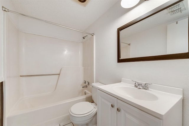 full bath featuring visible vents, vanity, toilet, and  shower combination